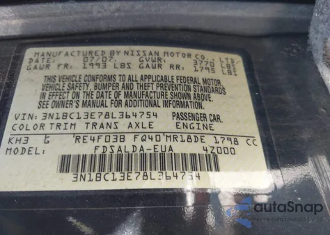 2008 Nissan Versa 1.8S z USA, uszkodzony, nr VIN 3N1BC13E78L364754